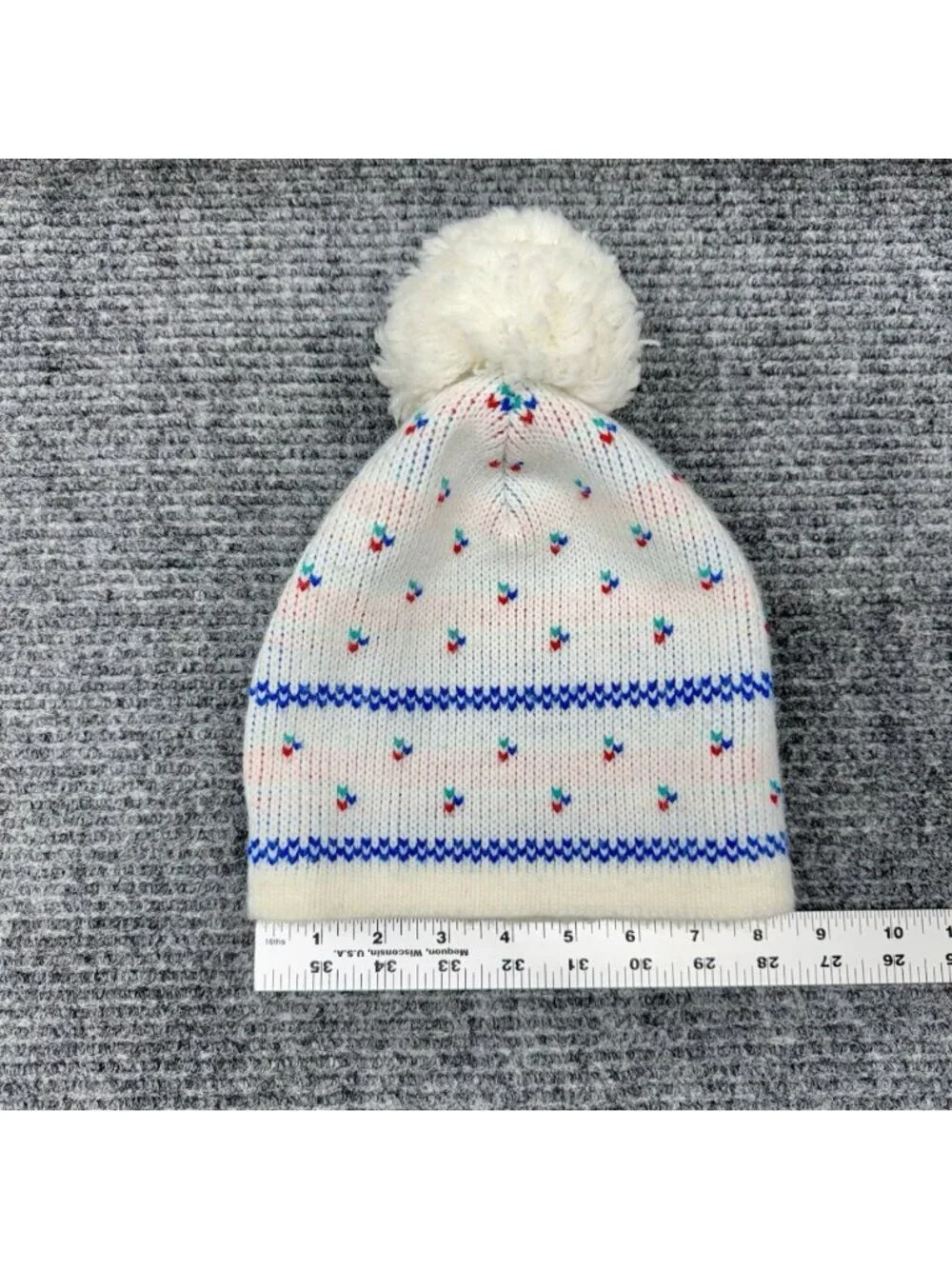 Vintage Wigwam Pom Beanie Ivory White Blue Red Heart Knit Hat Ski Cottagecore